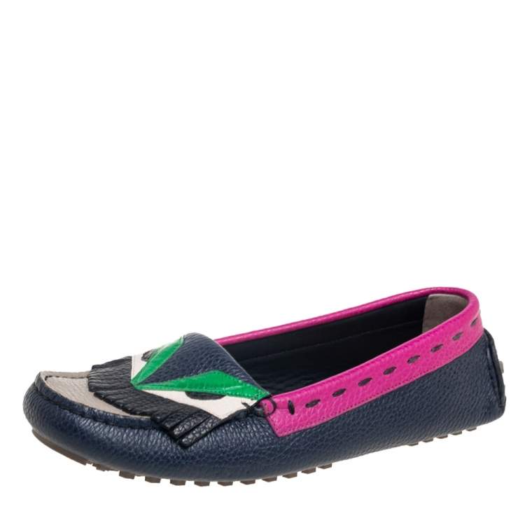 Pre Owned Fendi Multicolor Leather Monster Driver Loafers Size 39