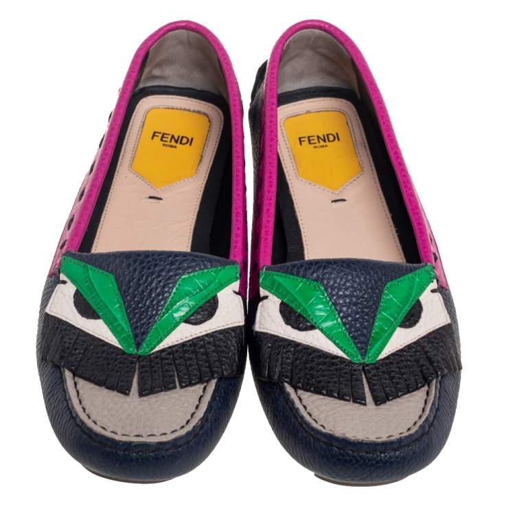 Pre Owned Fendi Multicolor Leather Monster Driver Loafers Size 39