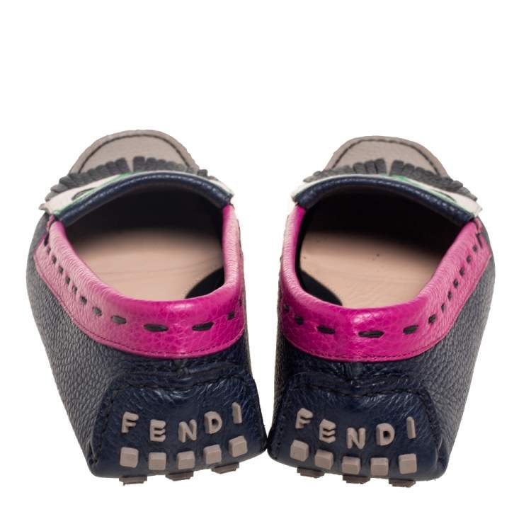 Pre Owned Fendi Multicolor Leather Monster Driver Loafers Size 39