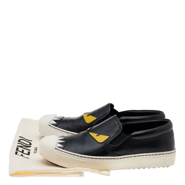 Pre Owned Fendi Black Leather Monster 3D Eyes Slip On Sneakers Size 38