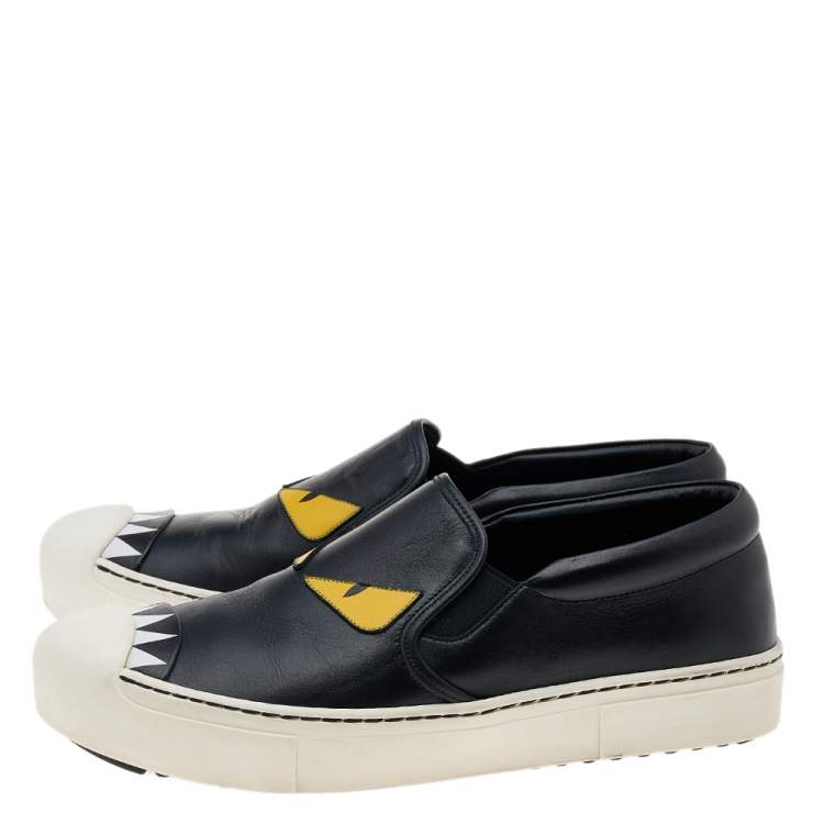 Pre Owned Fendi Black Leather Monster 3D Eyes Slip On Sneakers Size 38