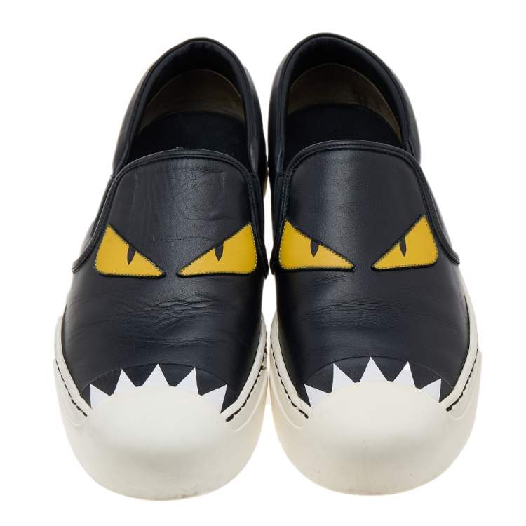 Pre Owned Fendi Black Leather Monster 3D Eyes Slip On Sneakers Size 38