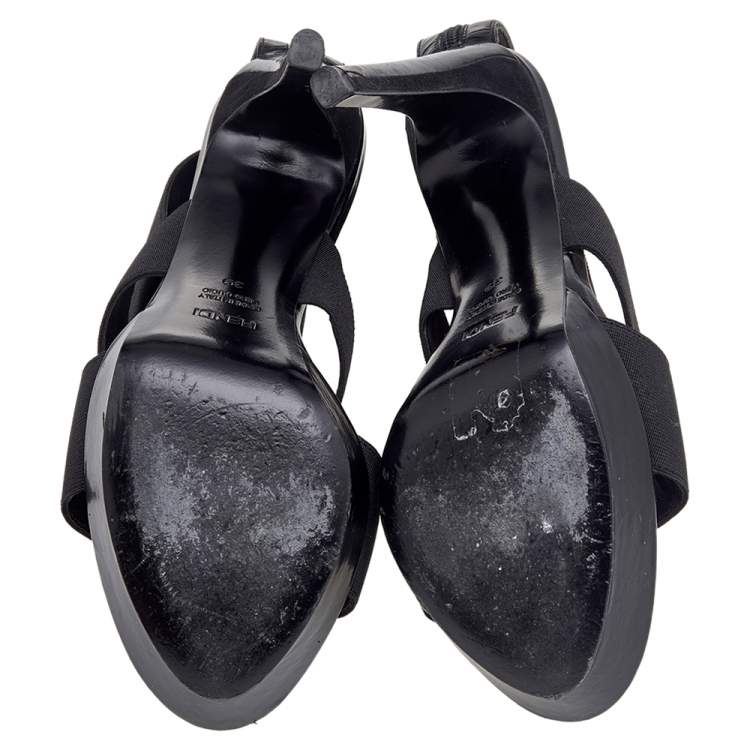 Pre Owned Fendi Black Stretch Band And Leather Strappy Ankle Cuff Sandals Size 39