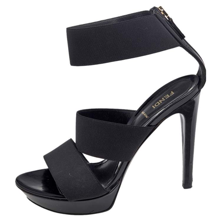 Pre Owned Fendi Black Stretch Band And Leather Strappy Ankle Cuff Sandals Size 39