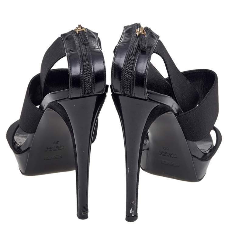 Pre Owned Fendi Black Stretch Band And Leather Strappy Ankle Cuff Sandals Size 39