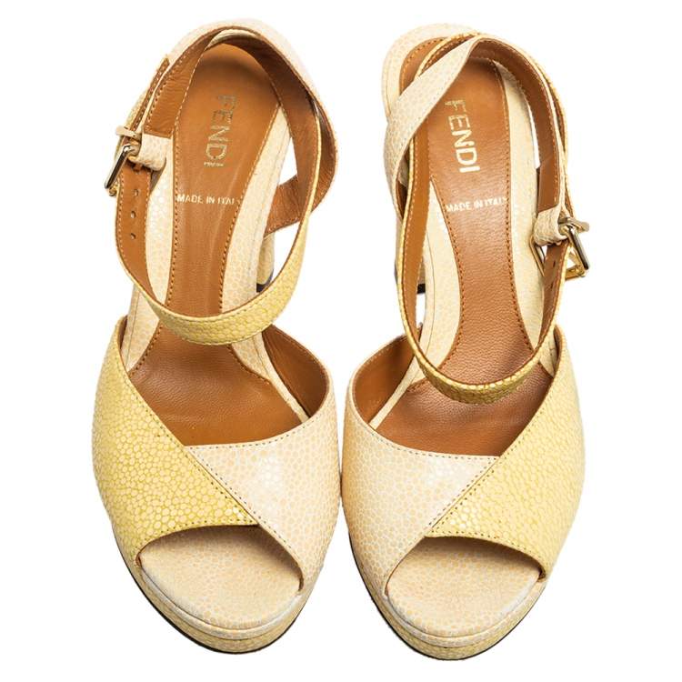 Pre Owned Fendi Beige/White Leather Ankle Strap Peep Toe Sandals Size 36