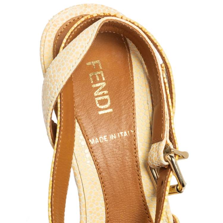 Pre Owned Fendi Beige/White Leather Ankle Strap Peep Toe Sandals Size 36