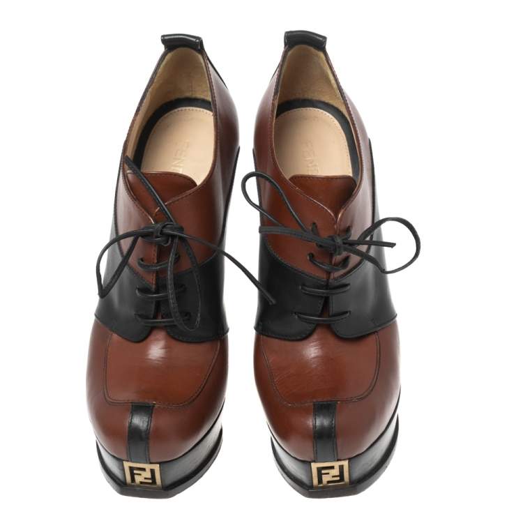 Pre Owned Fendi Brown/Black Leather Lace-Up Ankle Platform Booties Size 40