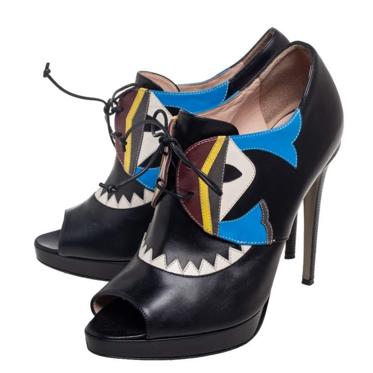 Pre Owned Fendi Black Leather And Lizard Embossed Peep Toe Platform Booties Size 38.5