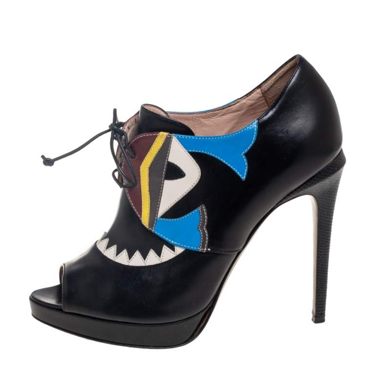 Pre Owned Fendi Black Leather And Lizard Embossed Peep Toe Platform Booties Size 38.5