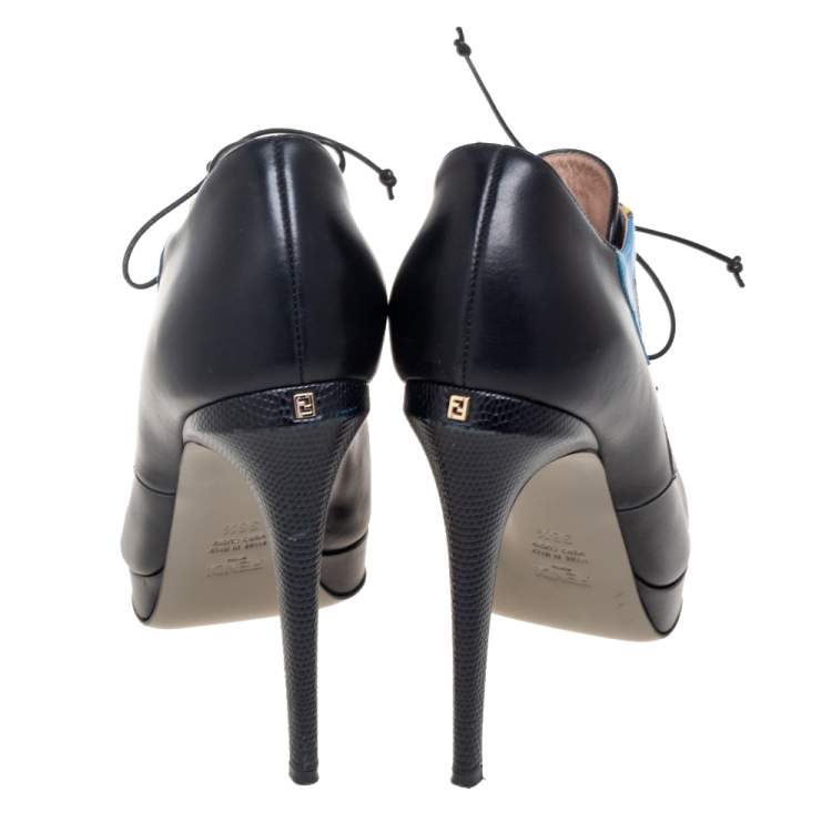 Pre Owned Fendi Black Leather And Lizard Embossed Peep Toe Platform Booties Size 38.5