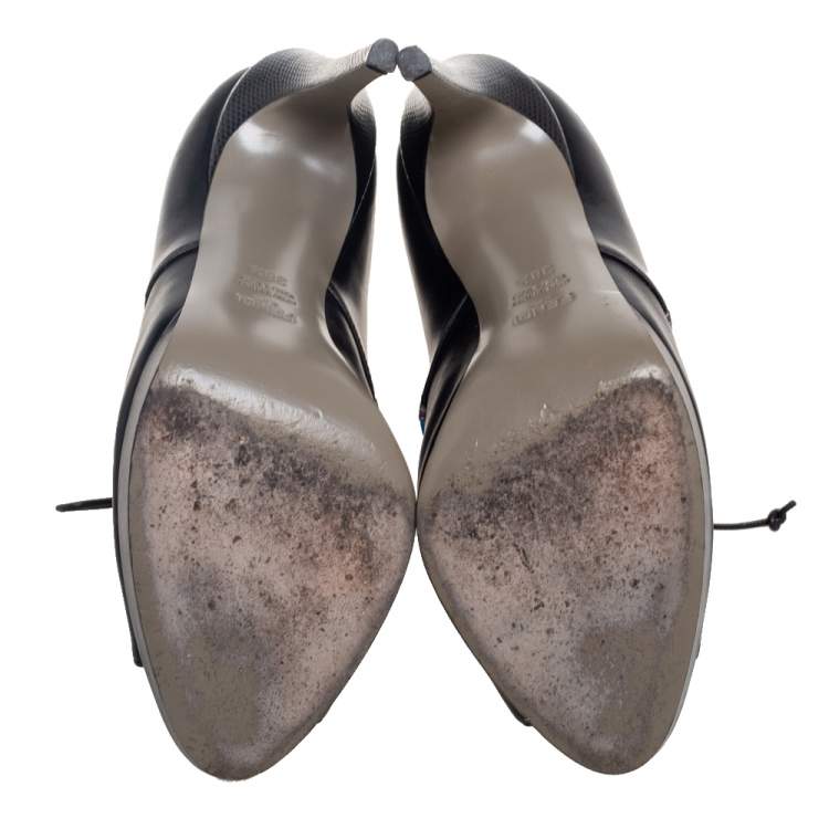 Pre Owned Fendi Black Leather And Lizard Embossed Peep Toe Platform Booties Size 38.5