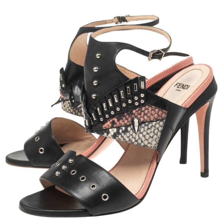 Pre Owned Fendi Black Studded Leather Rocker Bug Ankle-Strap Sandals Size 38
