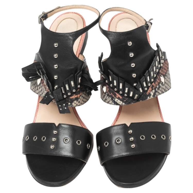 Pre Owned Fendi Black Studded Leather Rocker Bug Ankle-Strap Sandals Size 38