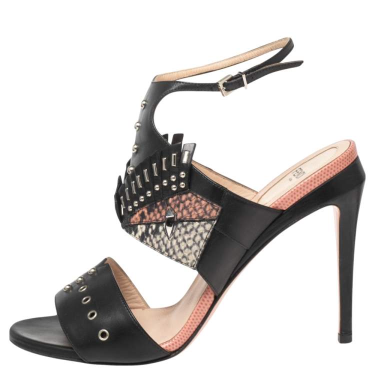 Pre Owned Fendi Black Studded Leather Rocker Bug Ankle-Strap Sandals Size 38