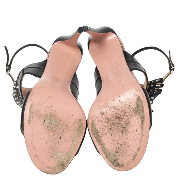 Pre Owned Fendi Black Studded Leather Rocker Bug Ankle-Strap Sandals Size 38