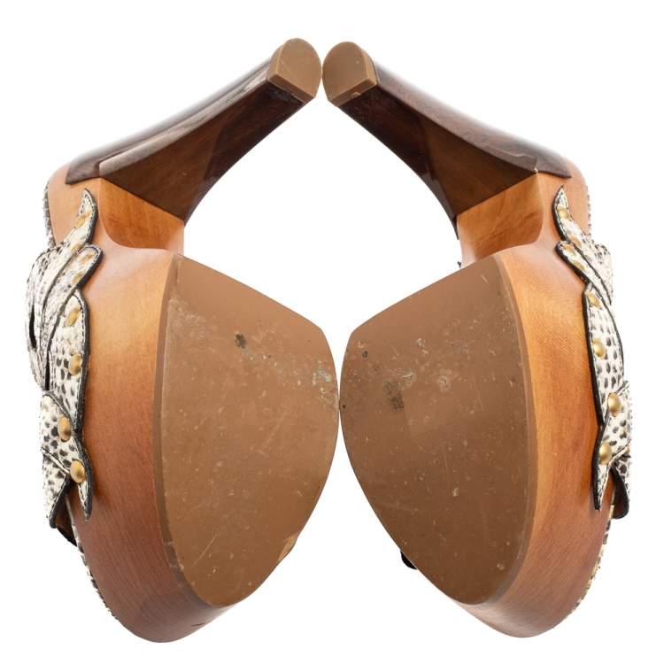 Pre Owned Fendi Beige/Brown Python Leather Platform Slide Sandals Size 38