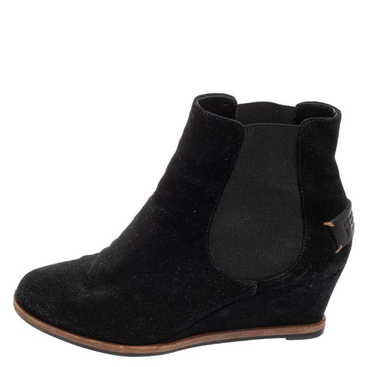 Pre Owned Fendi Black Suede Black Wedge Ankle Boots Size 38