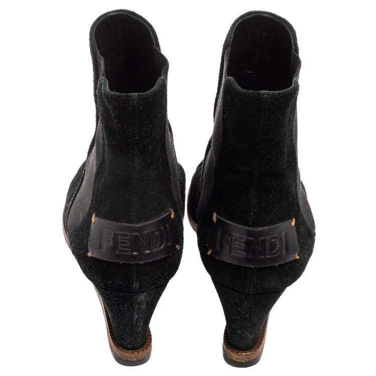 Pre Owned Fendi Black Suede Black Wedge Ankle Boots Size 38