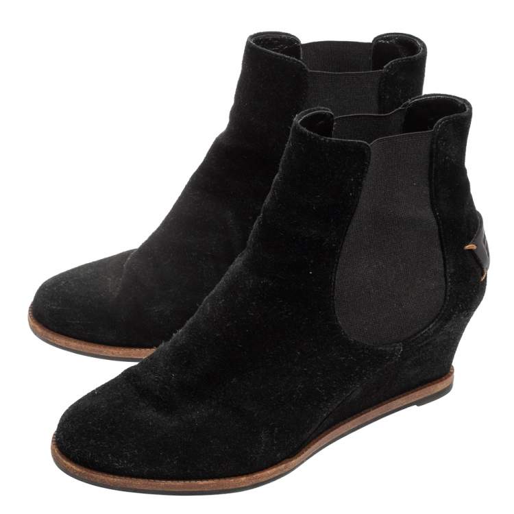 Pre Owned Fendi Black Suede Black Wedge Ankle Boots Size 38