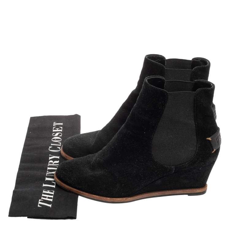Pre Owned Fendi Black Suede Black Wedge Ankle Boots Size 38