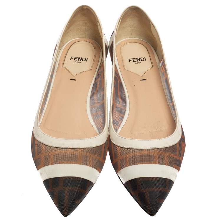 Pre Owned Fendi Brown/White Zucca Mesh and Leather Ballet Flats Size 38 