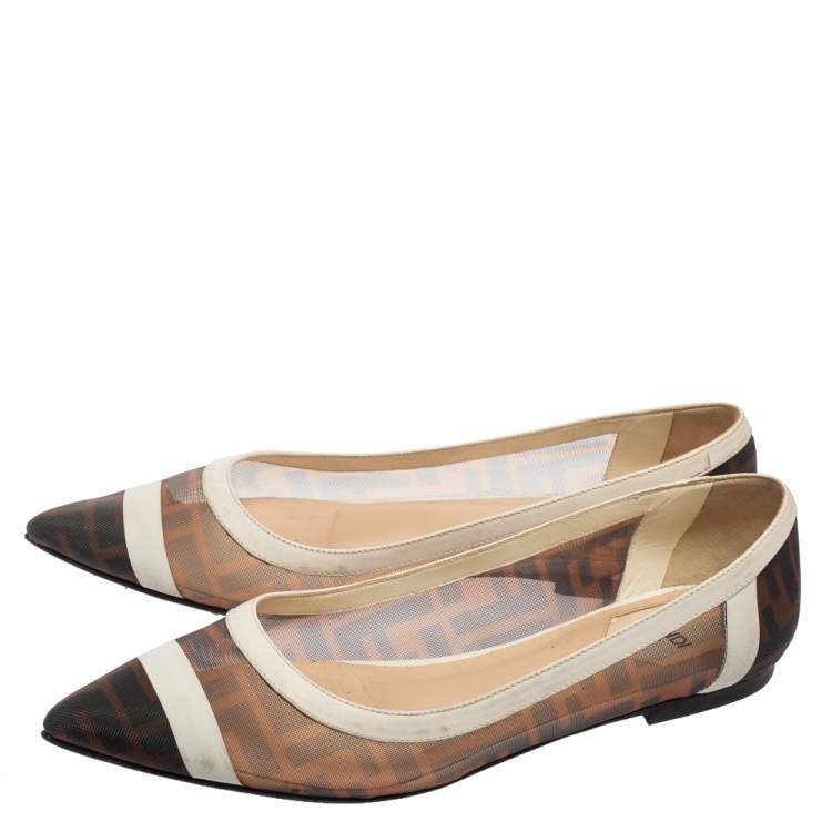Pre Owned Fendi Brown/White Zucca Mesh and Leather Ballet Flats Size 38 