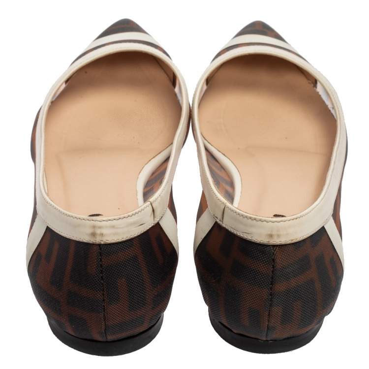 Pre Owned Fendi Brown/White Zucca Mesh and Leather Ballet Flats Size 38 