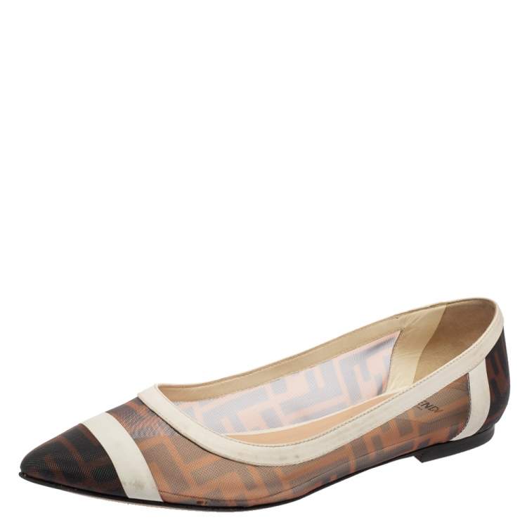 Pre Owned Fendi Brown/White Zucca Mesh and Leather Ballet Flats Size 38 