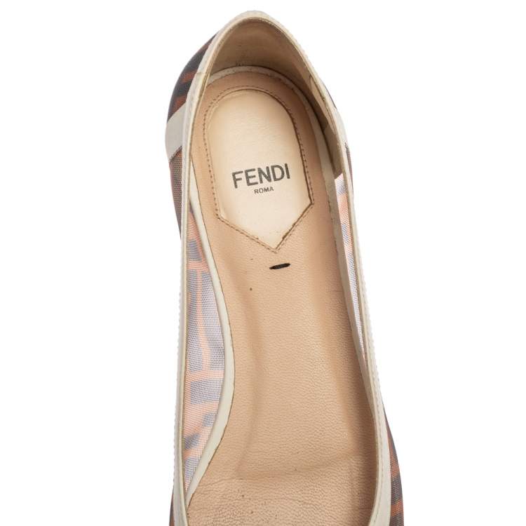 Pre Owned Fendi Brown/White Zucca Mesh and Leather Ballet Flats Size 38 