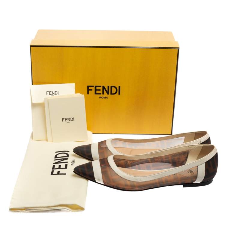 Pre Owned Fendi Brown/White Zucca Mesh and Leather Ballet Flats Size 38 