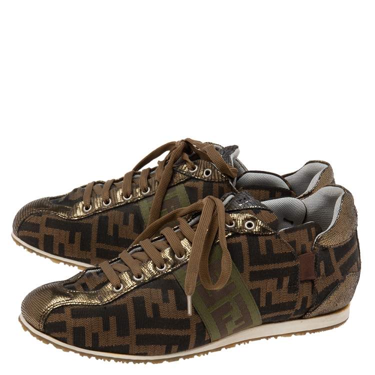 Pre Owned Fendi Brown Canvas FF Logo Lace Up Sneakers Size 38