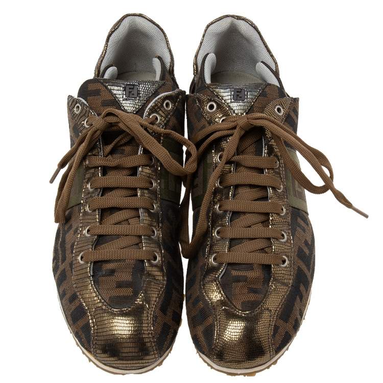 Pre Owned Fendi Brown Canvas FF Logo Lace Up Sneakers Size 38