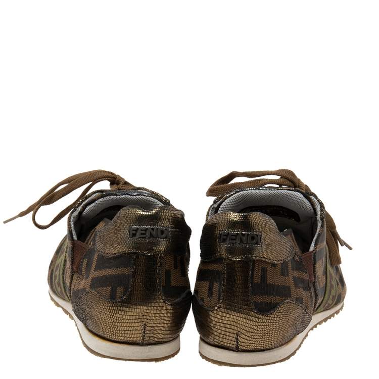 Pre Owned Fendi Brown Canvas FF Logo Lace Up Sneakers Size 38