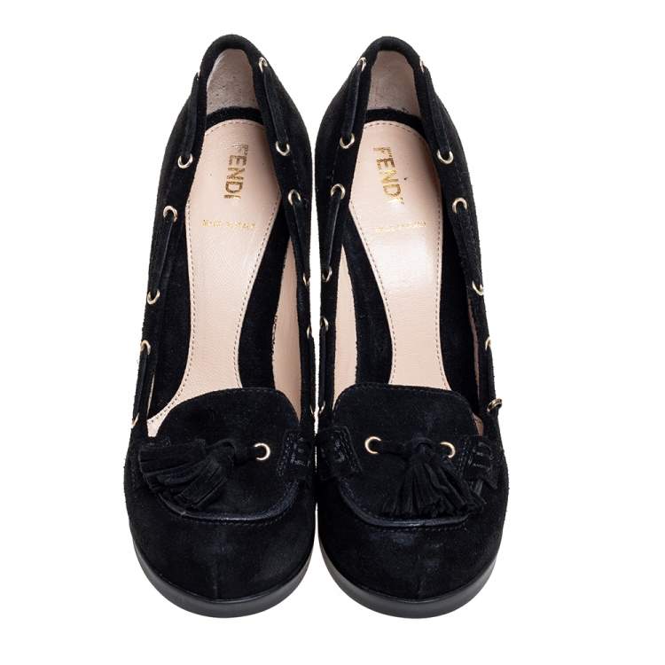 Pre Owned Fendi Black Suede Tassel Detail Loafer Pumps Size 37