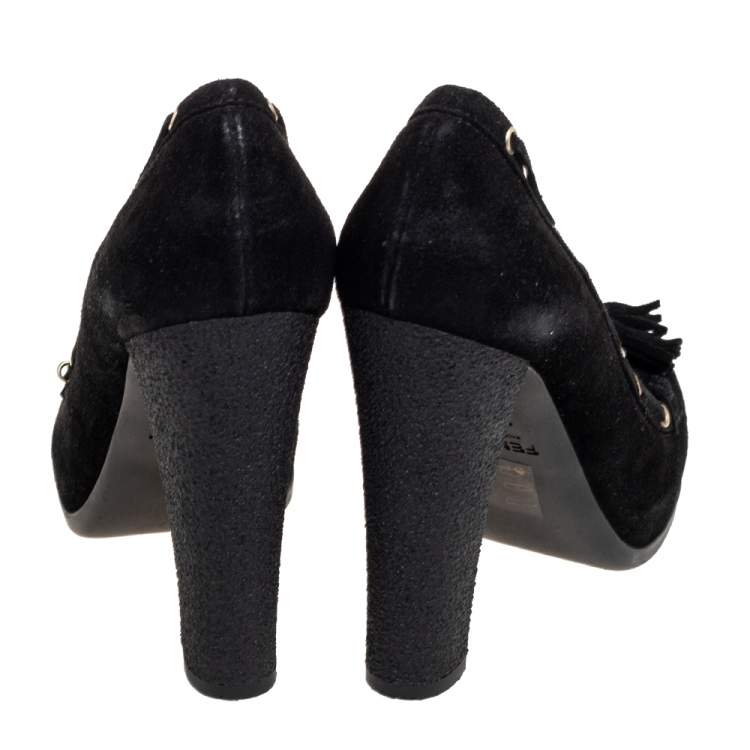 Pre Owned Fendi Black Suede Tassel Detail Loafer Pumps Size 37