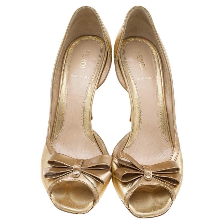 Pre Owned Fendi Gold Leather Bow Pumps Size38.5 