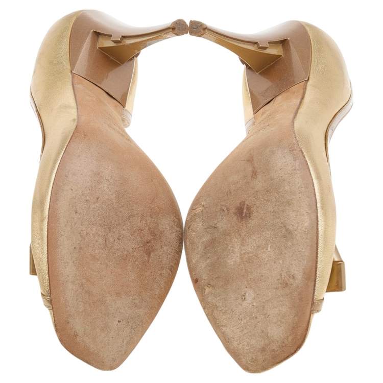Pre Owned Fendi Gold Leather Bow Pumps Size38.5 