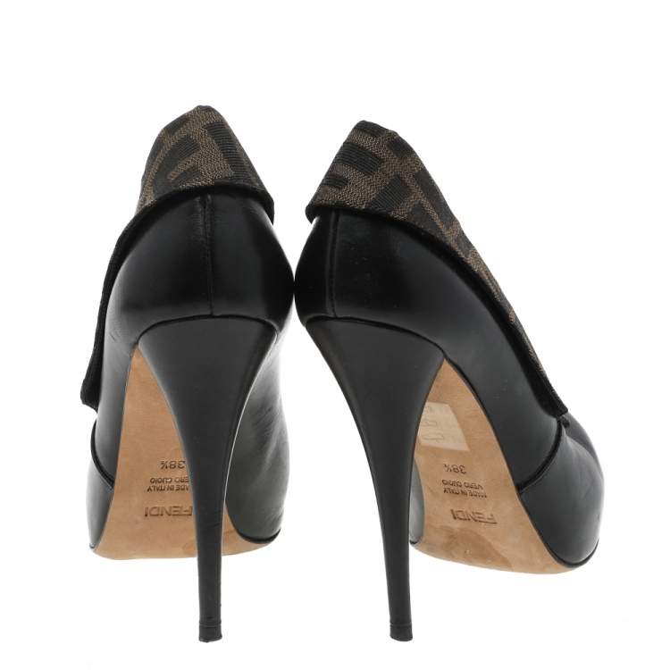 Pre Owned Fendi Black/Brown Leather And FF Zucca Canvas Envelope Booties Size 38.5