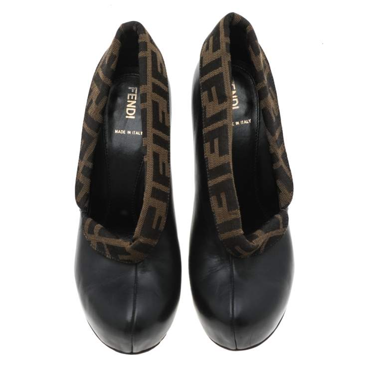 Pre Owned Fendi Black/Brown Leather And FF Zucca Canvas Envelope Booties Size 38.5