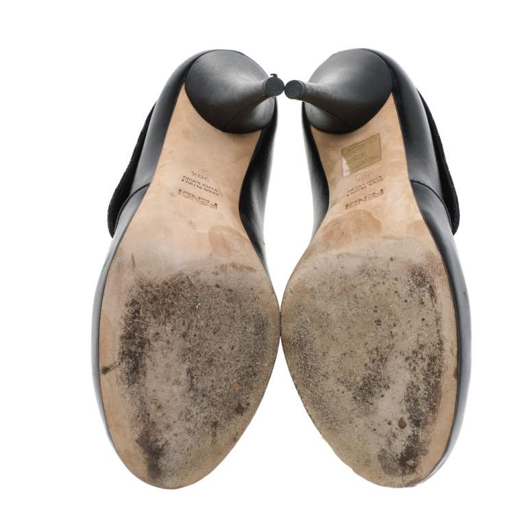 Pre Owned Fendi Black/Brown Leather And FF Zucca Canvas Envelope Booties Size 38.5