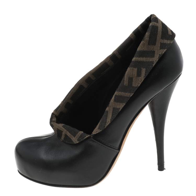 Pre Owned Fendi Black/Brown Leather And FF Zucca Canvas Envelope Booties Size 38.5