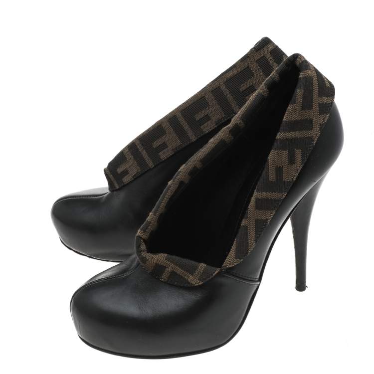 Pre Owned Fendi Black/Brown Leather And FF Zucca Canvas Envelope Booties Size 38.5