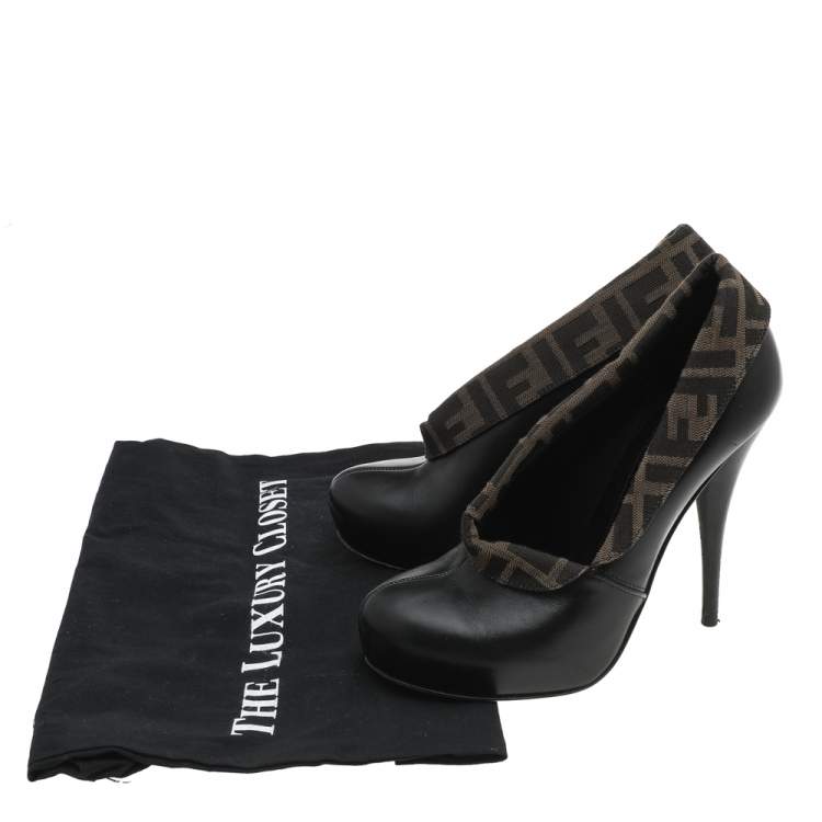 Pre Owned Fendi Black/Brown Leather And FF Zucca Canvas Envelope Booties Size 38.5