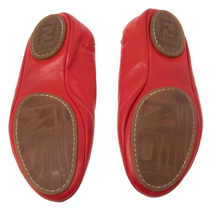 Pre Owned Fendi Coral Red Leather Bow Scrunch Ballet Flats Size 38.5