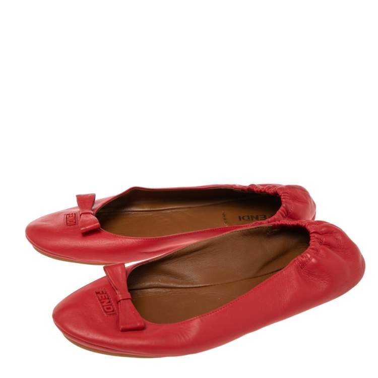 Pre Owned Fendi Coral Red Leather Bow Scrunch Ballet Flats Size 38.5