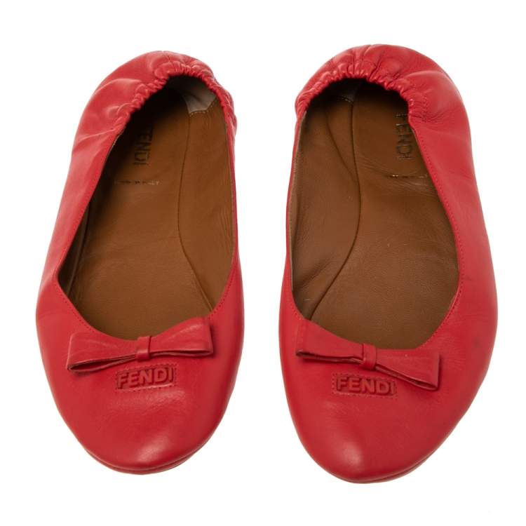 Pre Owned Fendi Coral Red Leather Bow Scrunch Ballet Flats Size 38.5