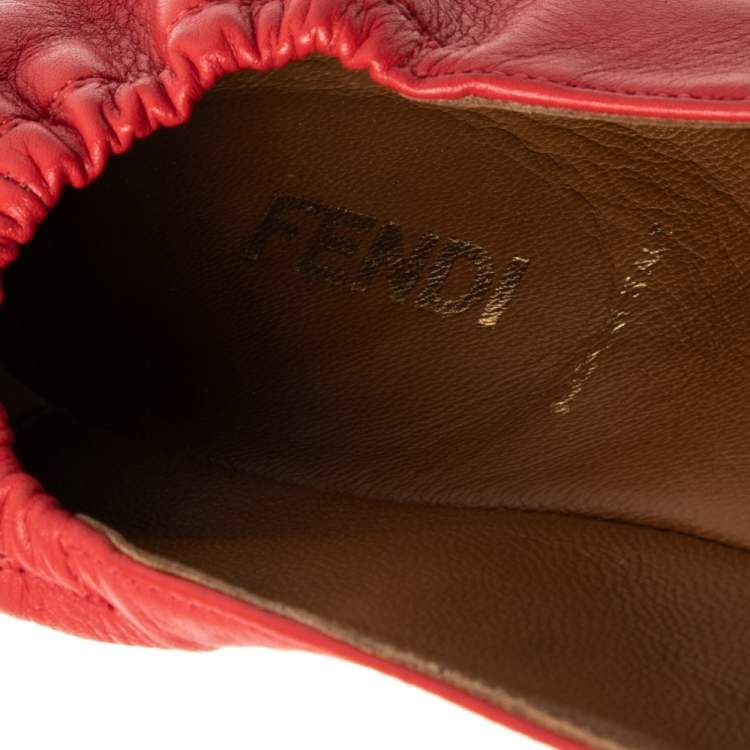 Pre Owned Fendi Coral Red Leather Bow Scrunch Ballet Flats Size 38.5