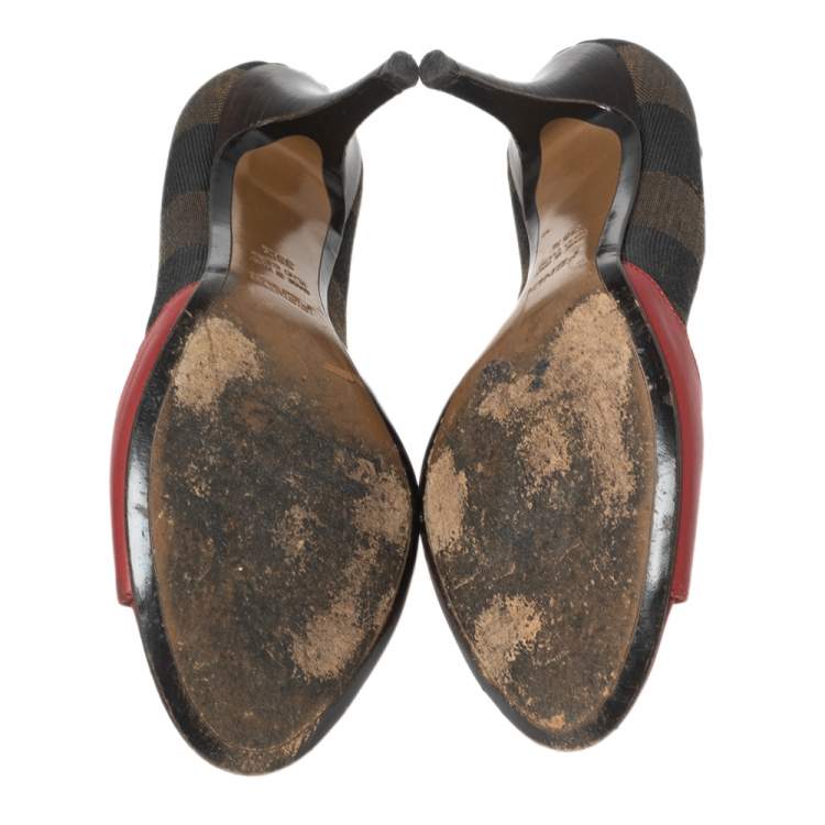 Pre Owned Fendi Tri-Color Leather And Pequin Canvas Open-Toe Pumps Size 35.5