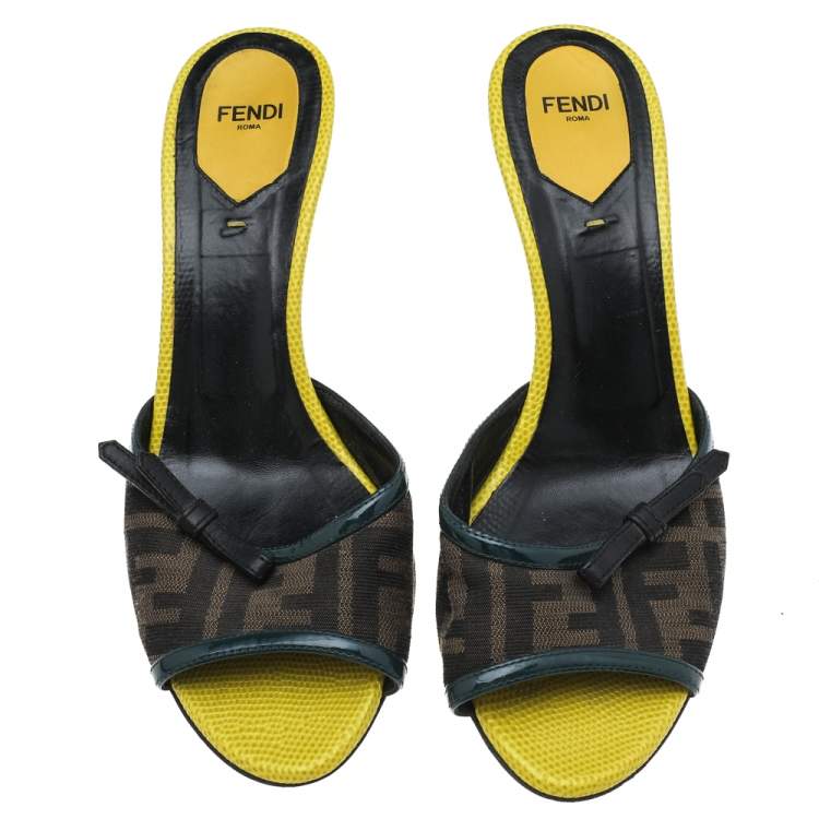 Pre Owned Fendi Multicolor Zucca Canvas And Patent Leather Trim Bow Slide Sandals Size 39
